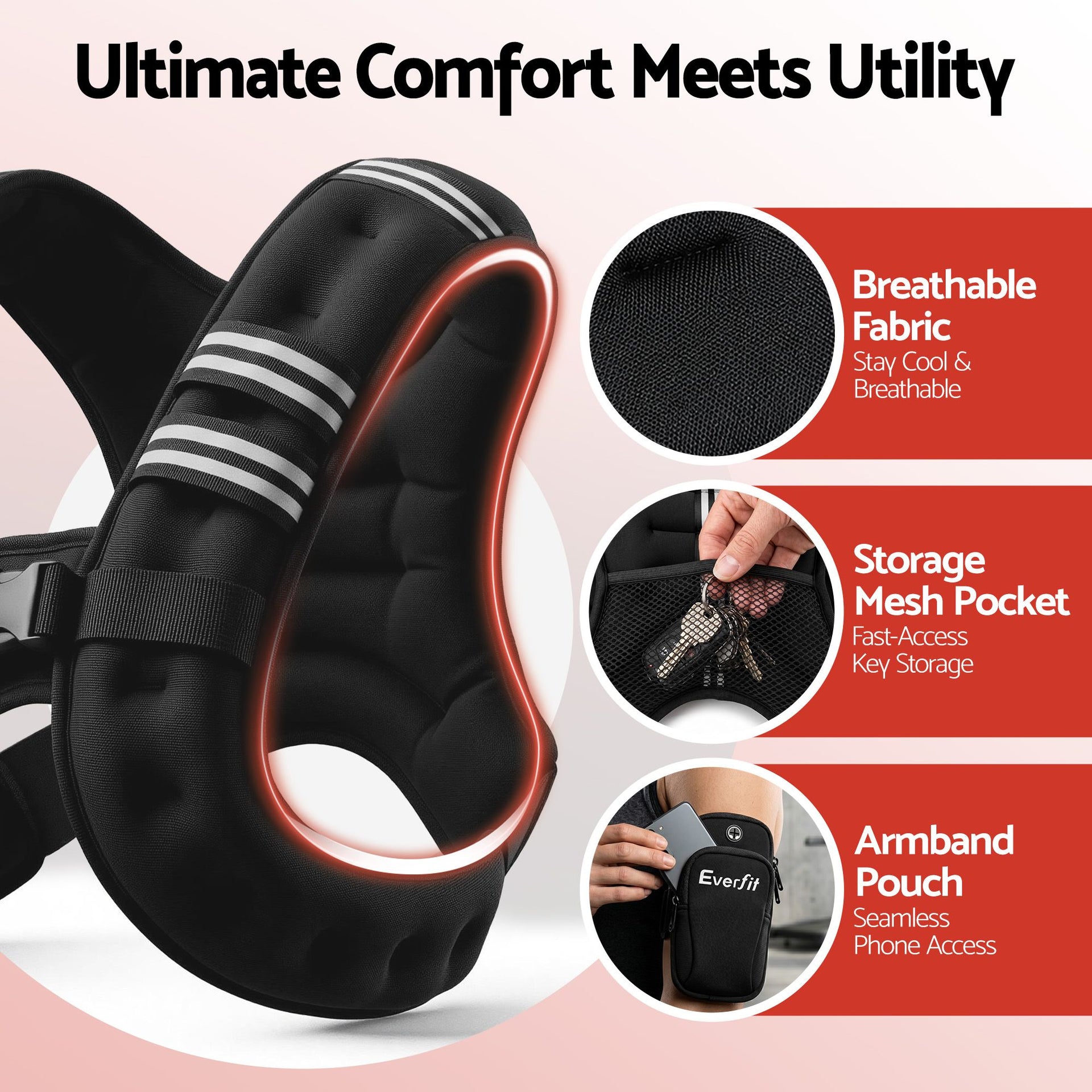 Everfit 3kg Weighted Vest Men Women, Reflective Running Vest with Armband Pouch Everfit