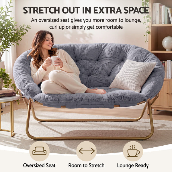Artiss Double Saucer Chair Soft Faux Fur Lounge Foldable Oversize Chair for Bedroom Grey Artiss
