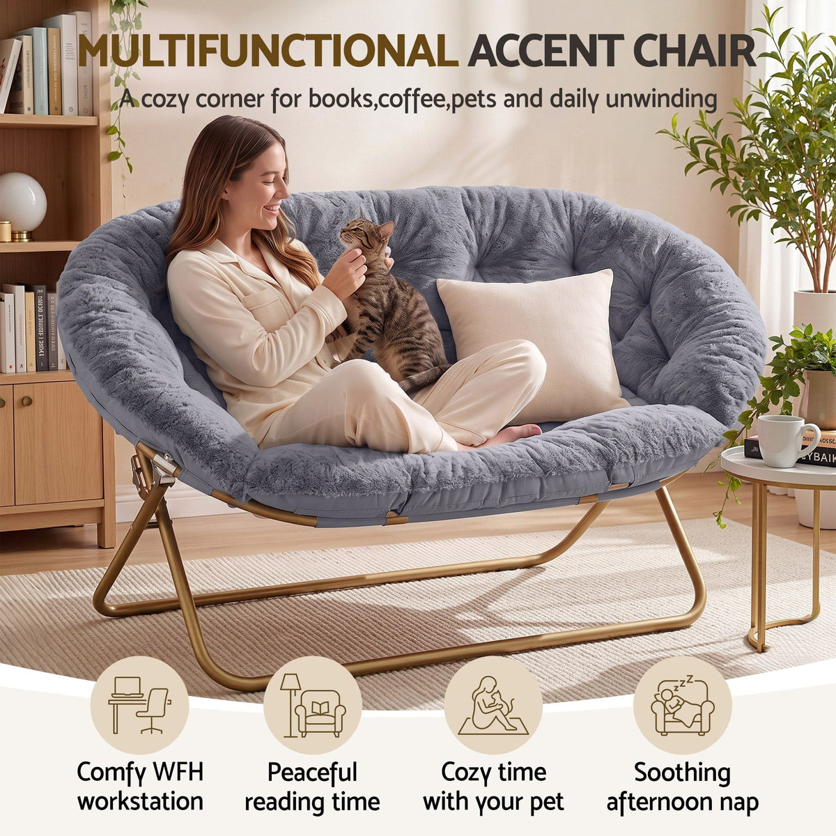 Artiss Double Saucer Chair Soft Faux Fur Lounge Foldable Oversize Chair for Bedroom Grey Artiss