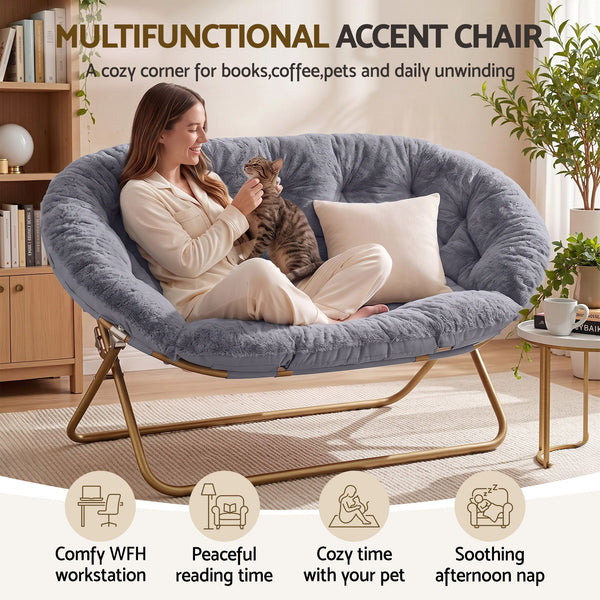 Artiss Double Saucer Chair Soft Faux Fur Lounge Foldable Oversize Chair for Bedroom Grey Artiss