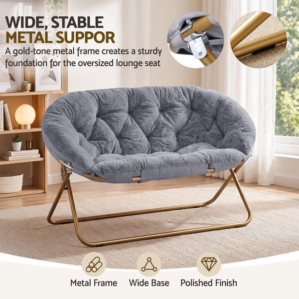 Artiss Double Saucer Chair Soft Faux Fur Lounge Foldable Oversize Chair for Bedroom Grey Artiss