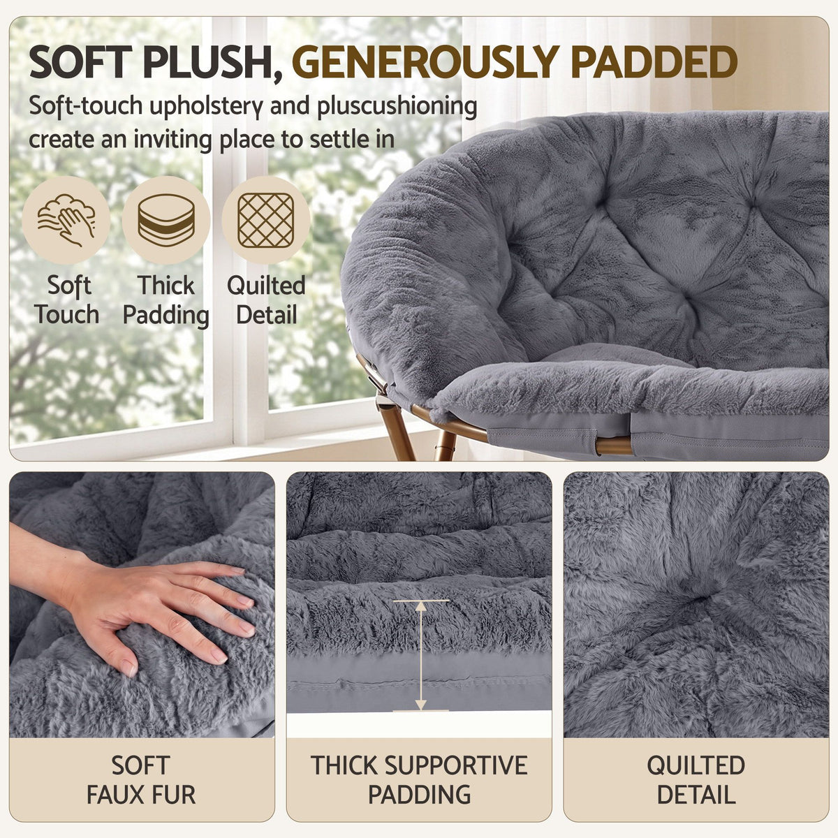 Artiss Double Saucer Chair Soft Faux Fur Lounge Foldable Oversize Chair for Bedroom Grey Artiss