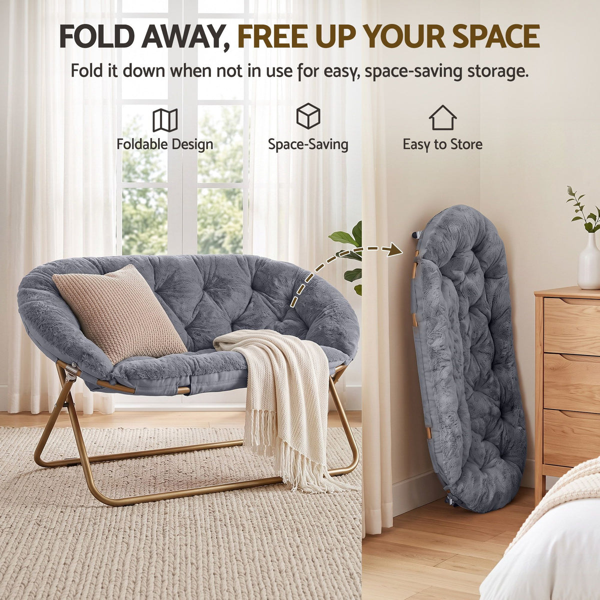 Artiss Double Saucer Chair Soft Faux Fur Lounge Foldable Oversize Chair for Bedroom Grey Artiss