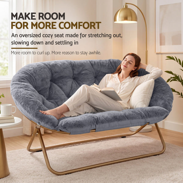 Artiss Double Saucer Chair Soft Faux Fur Lounge Foldable Oversize Chair for Bedroom Grey Artiss