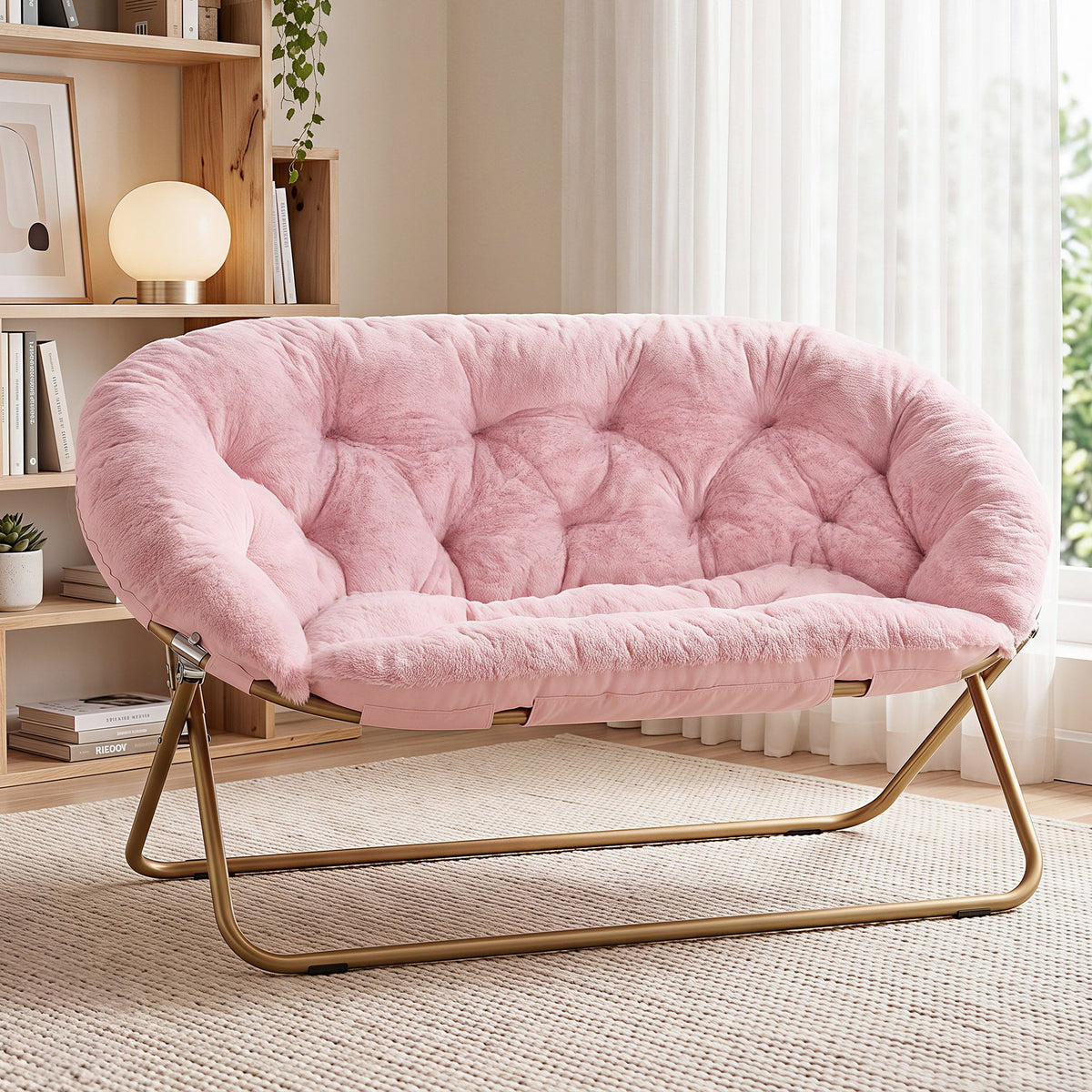 Artiss Double Saucer Chair Soft Faux Fur Lounge Foldable Oversize Chair for Bedroom Pink Artiss