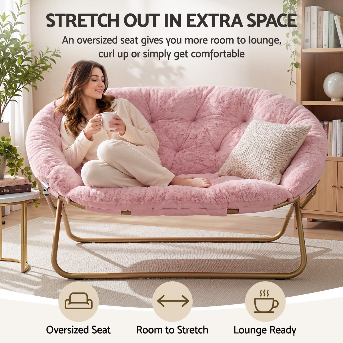 Artiss Double Saucer Chair Soft Faux Fur Lounge Foldable Oversize Chair for Bedroom Pink Artiss