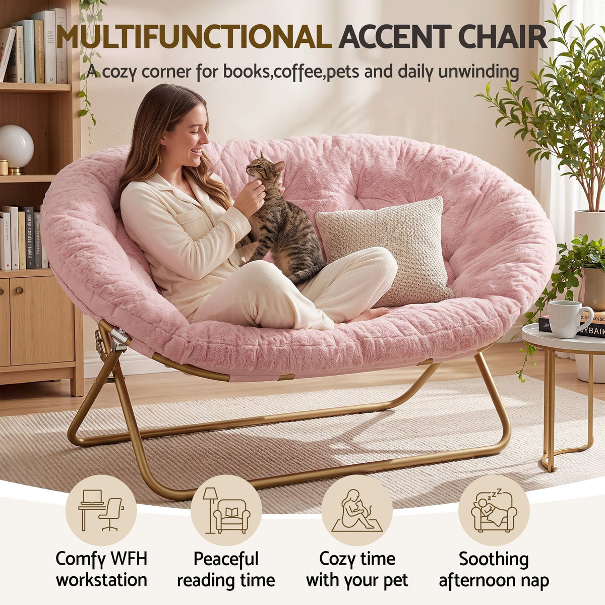 Artiss Double Saucer Chair Soft Faux Fur Lounge Foldable Oversize Chair for Bedroom Pink Artiss