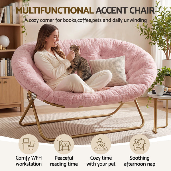 Artiss Double Saucer Chair Soft Faux Fur Lounge Foldable Oversize Chair for Bedroom Pink Artiss