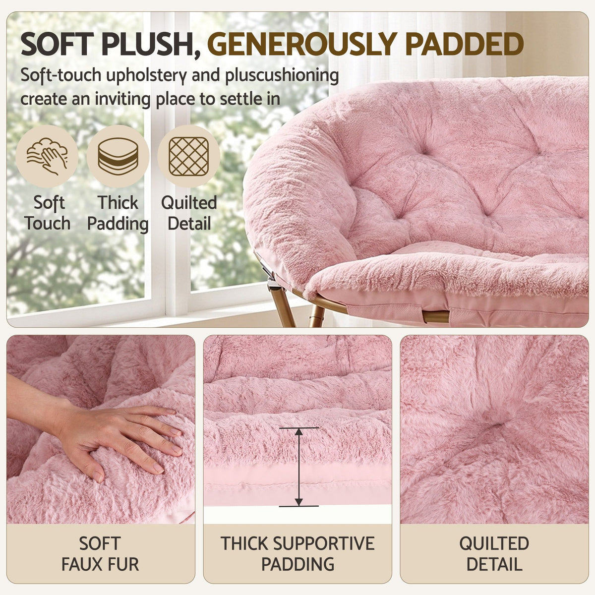 Artiss Double Saucer Chair Soft Faux Fur Lounge Foldable Oversize Chair for Bedroom Pink Artiss