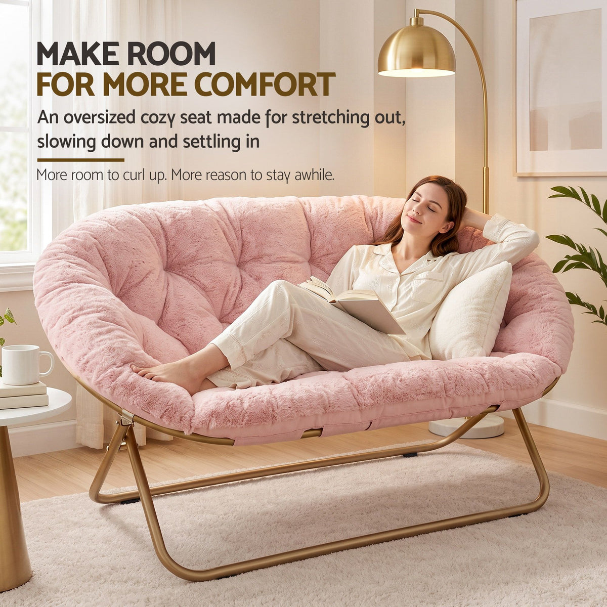 Artiss Double Saucer Chair Soft Faux Fur Lounge Foldable Oversize Chair for Bedroom Pink Artiss