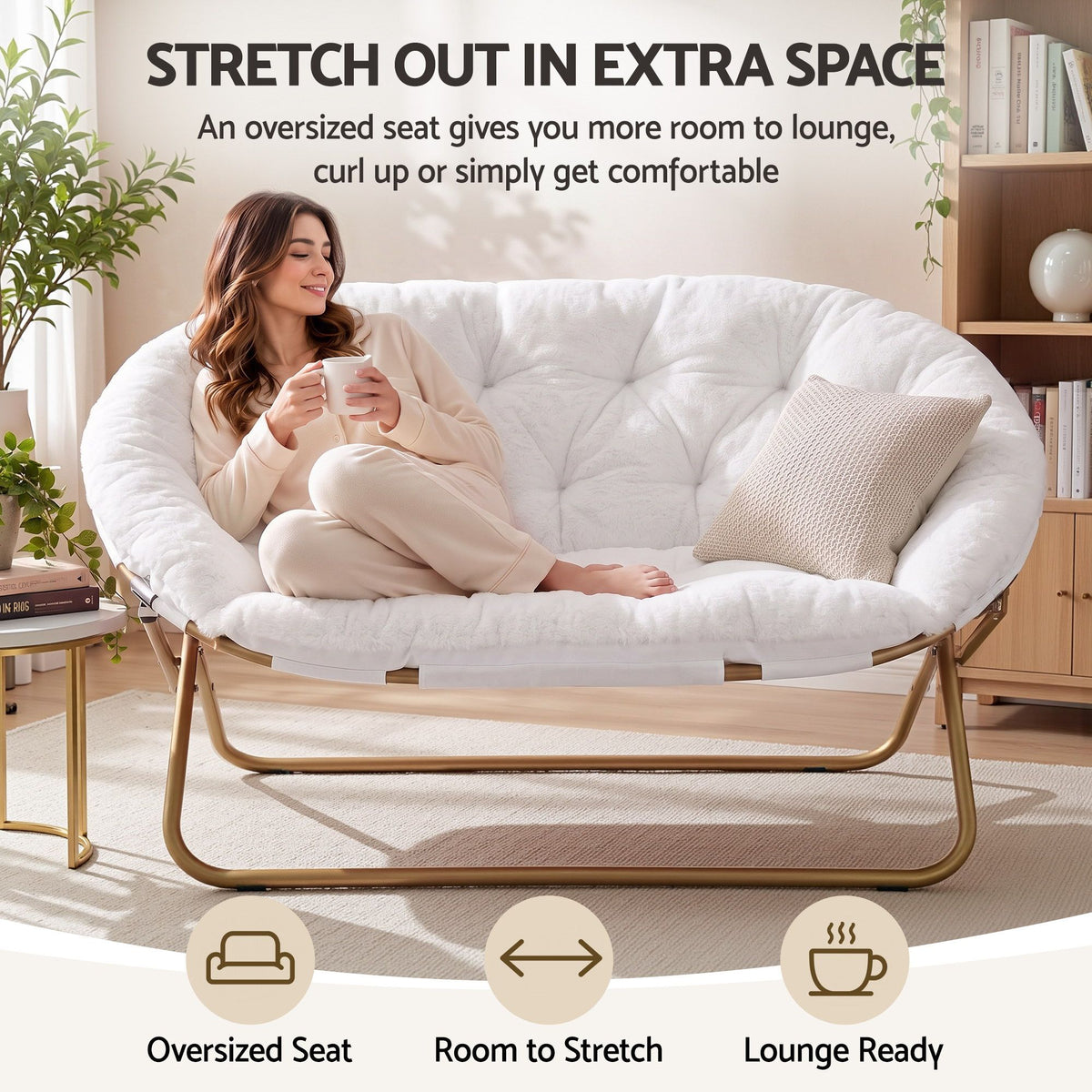 Artiss Double Saucer Chair Soft Faux Fur Lounge Foldable Oversize Chair for Bedroom White Artiss