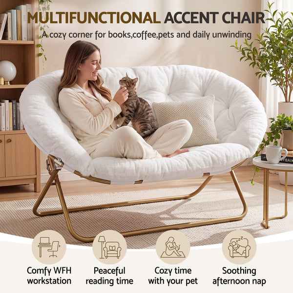 Artiss Double Saucer Chair Soft Faux Fur Lounge Foldable Oversize Chair for Bedroom White Artiss