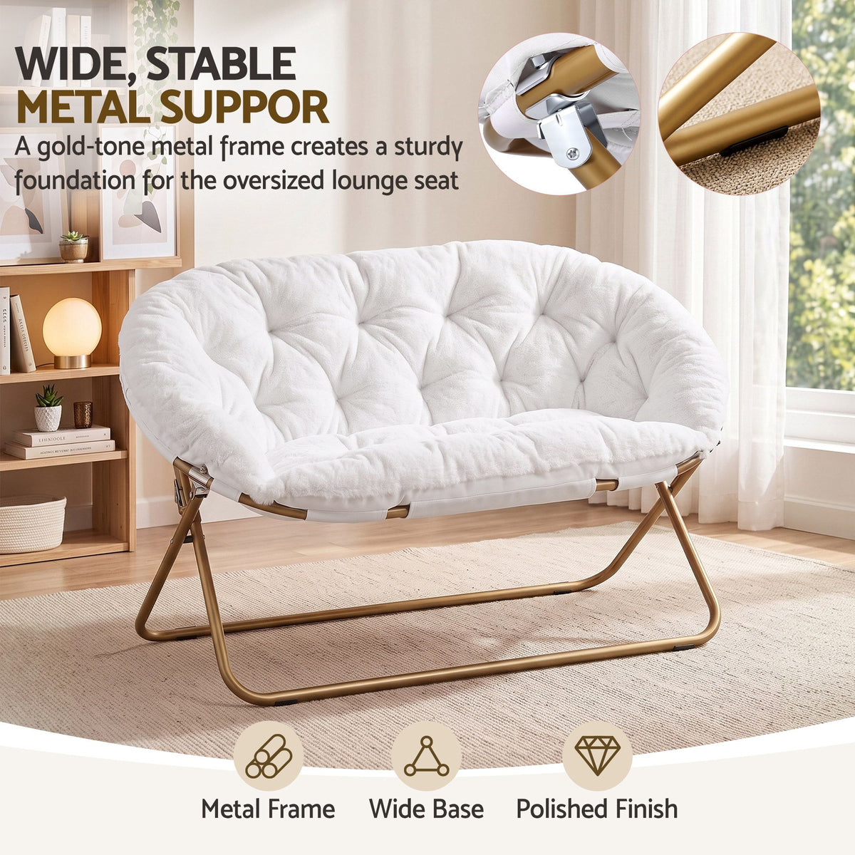 Artiss Double Saucer Chair Soft Faux Fur Lounge Foldable Oversize Chair for Bedroom White Artiss