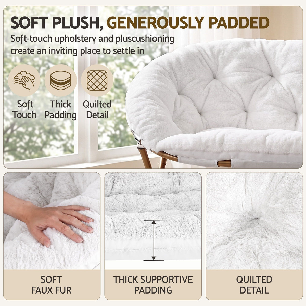 Artiss Double Saucer Chair Soft Faux Fur Lounge Foldable Oversize Chair for Bedroom White Artiss