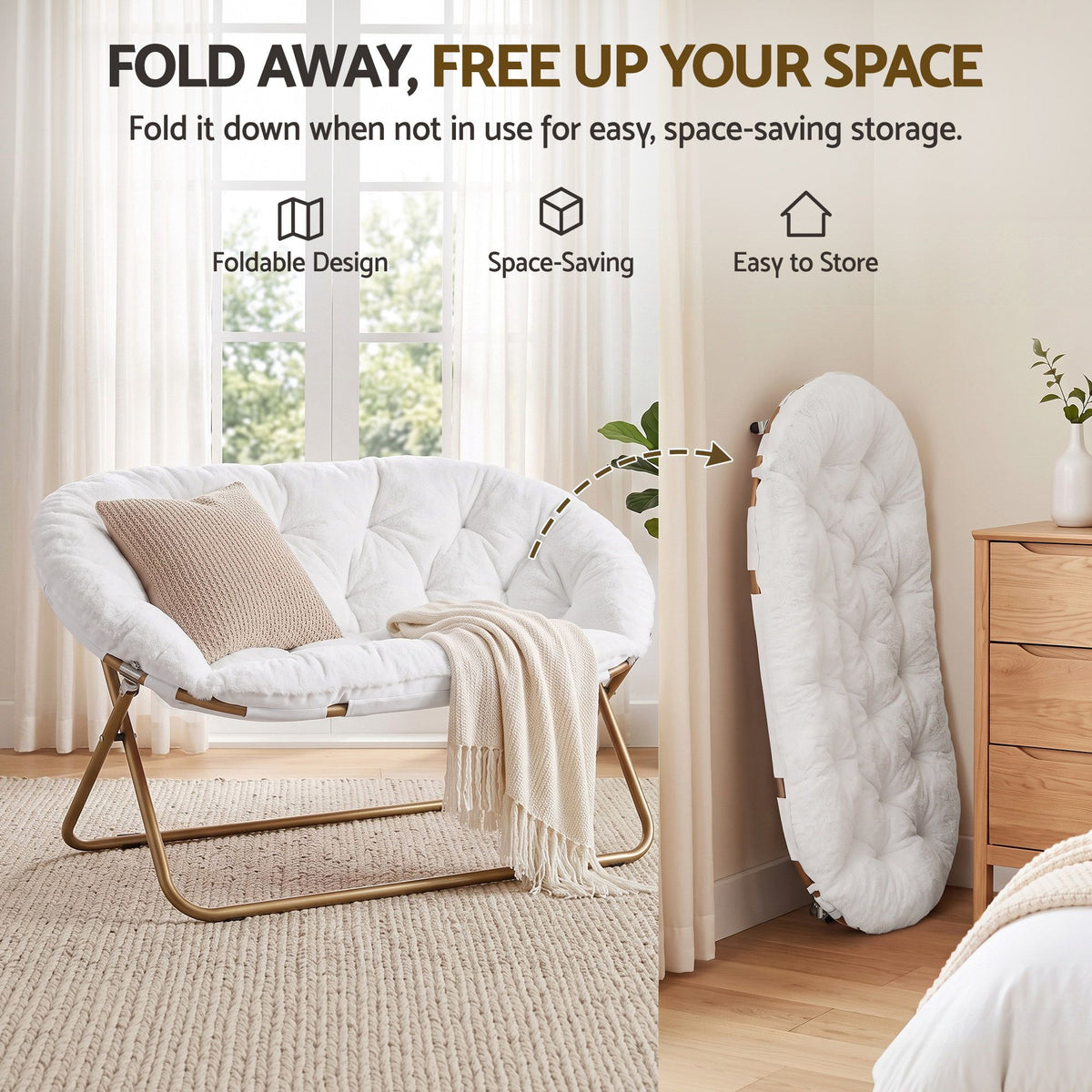 Artiss Double Saucer Chair Soft Faux Fur Lounge Foldable Oversize Chair for Bedroom White Artiss