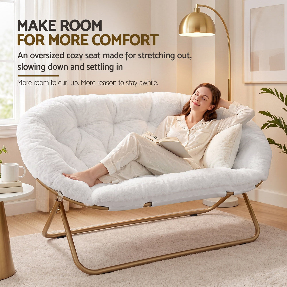 Artiss Double Saucer Chair Soft Faux Fur Lounge Foldable Oversize Chair for Bedroom White Artiss