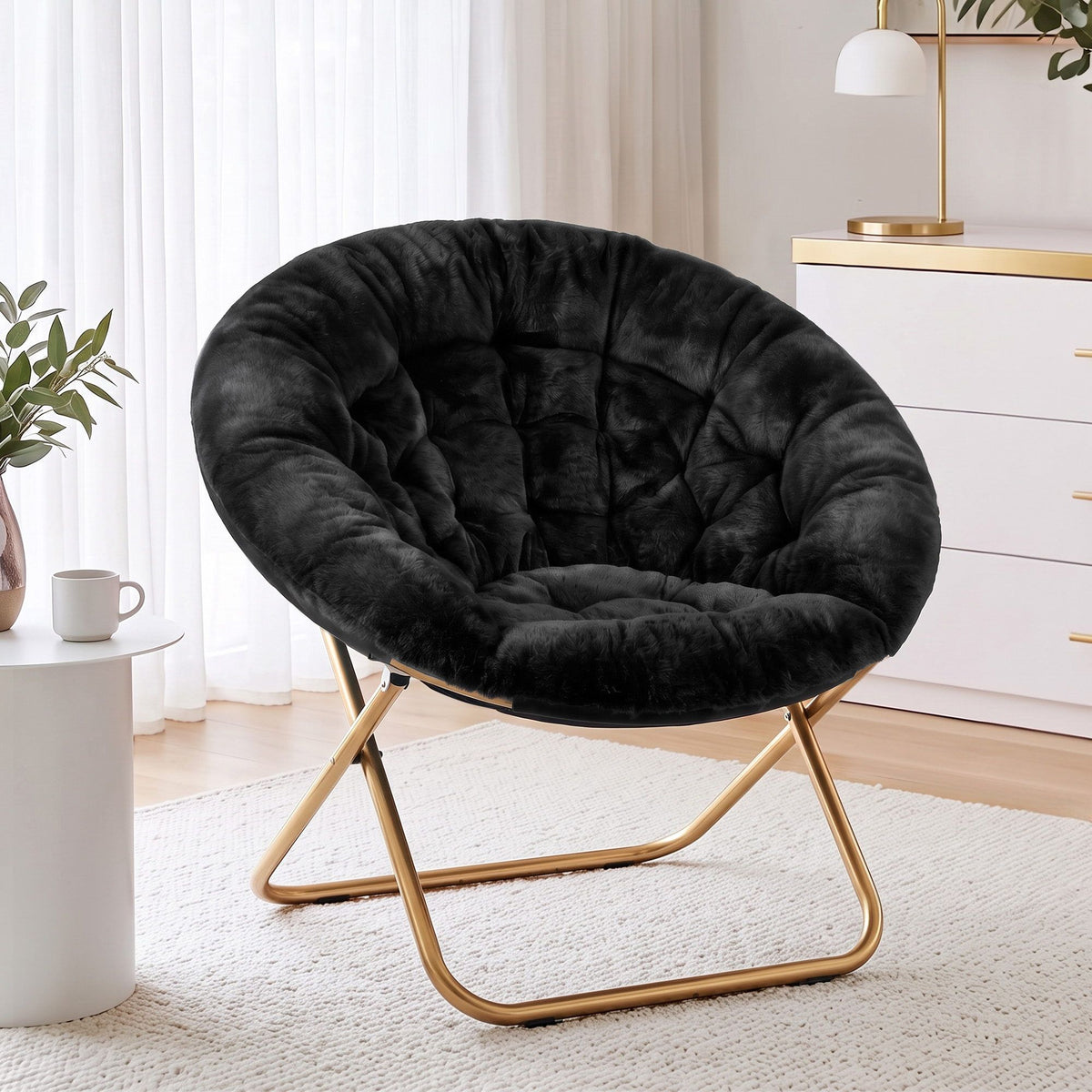 Artiss Cozy Saucer Chair Soft Faux Fur Folding Accent Chair for Bedroom Black Artiss