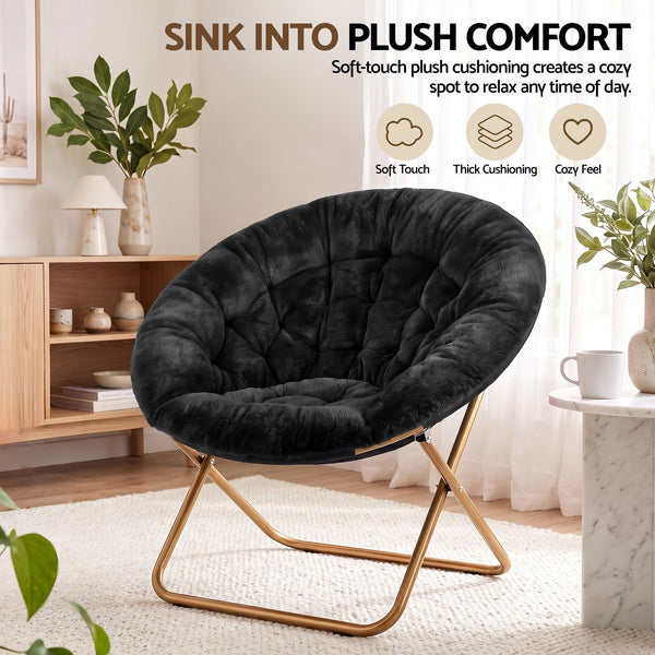 Artiss Cozy Saucer Chair Soft Faux Fur Folding Accent Chair for Bedroom Black Artiss