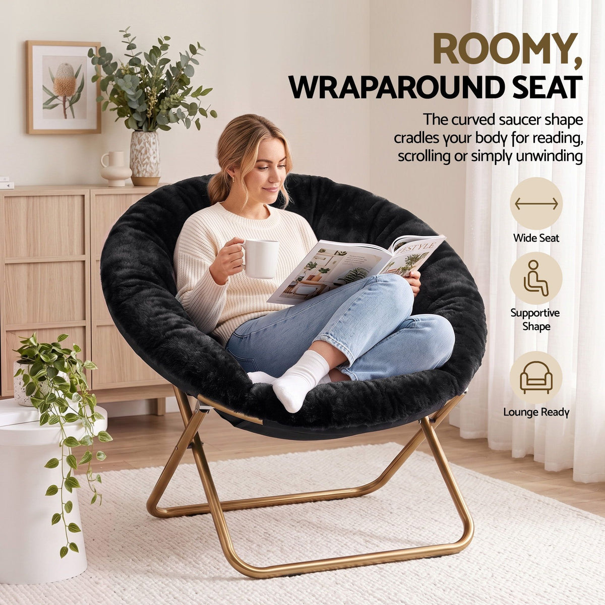 Artiss Cozy Saucer Chair Soft Faux Fur Folding Accent Chair for Bedroom Black Artiss