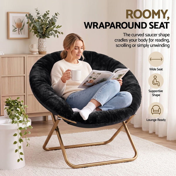 Artiss Cozy Saucer Chair Soft Faux Fur Folding Accent Chair for Bedroom Black Artiss