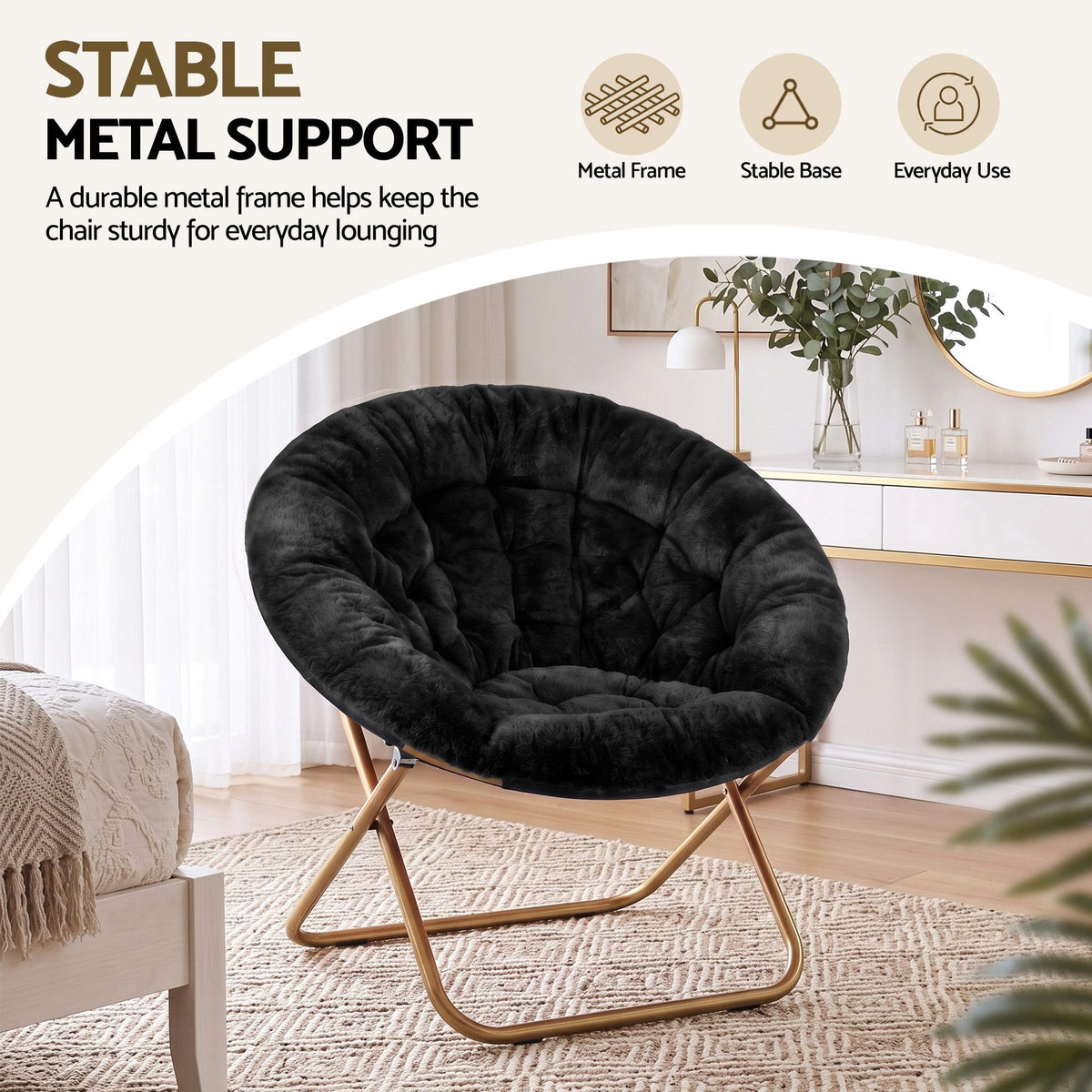 Artiss Cozy Saucer Chair Soft Faux Fur Folding Accent Chair for Bedroom Black Artiss