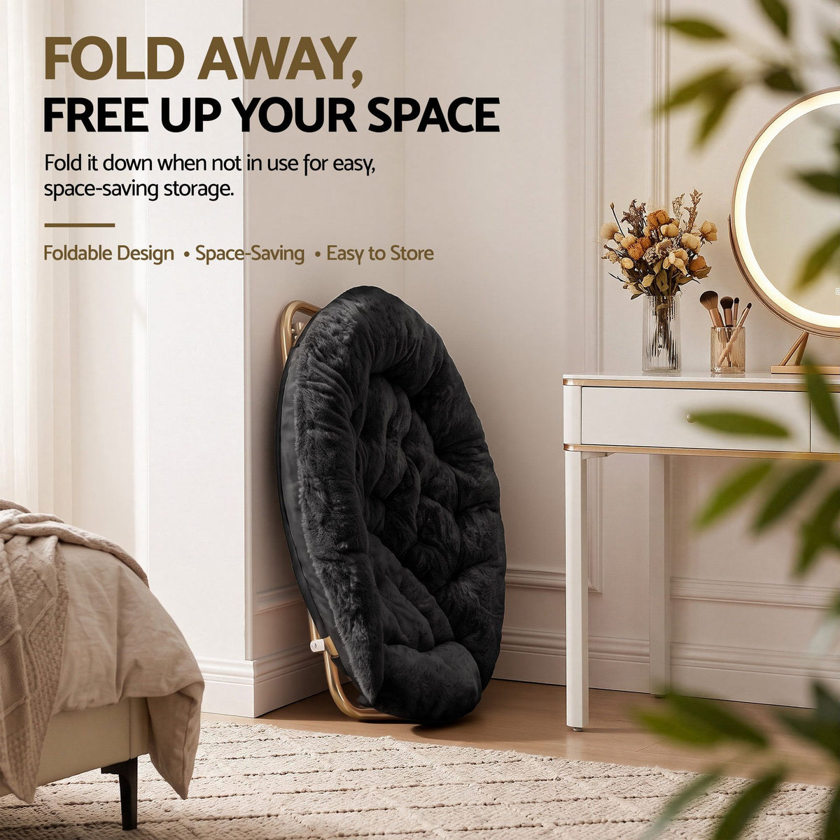 Artiss Cozy Saucer Chair Soft Faux Fur Folding Accent Chair for Bedroom Black Artiss