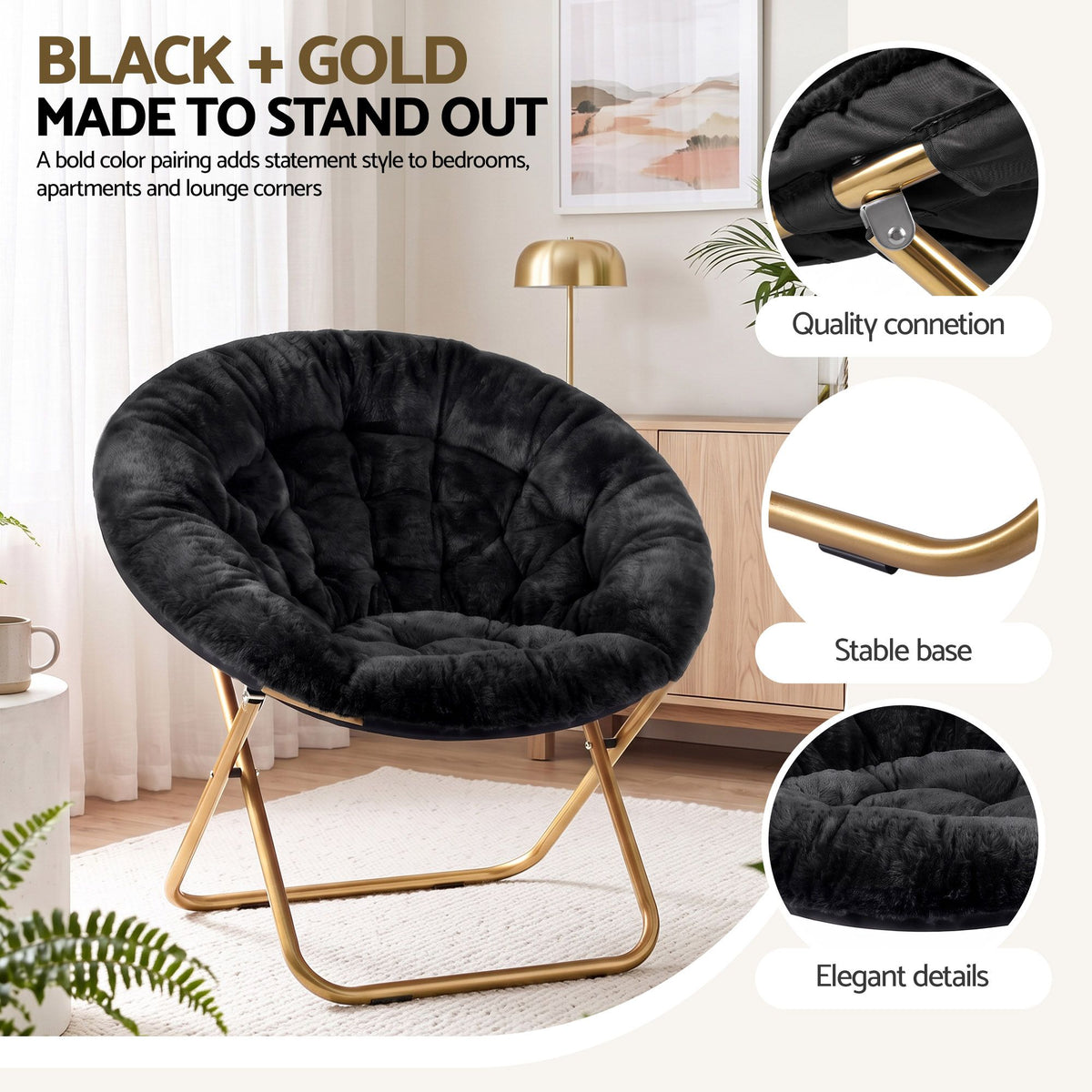 Artiss Cozy Saucer Chair Soft Faux Fur Folding Accent Chair for Bedroom Black Artiss