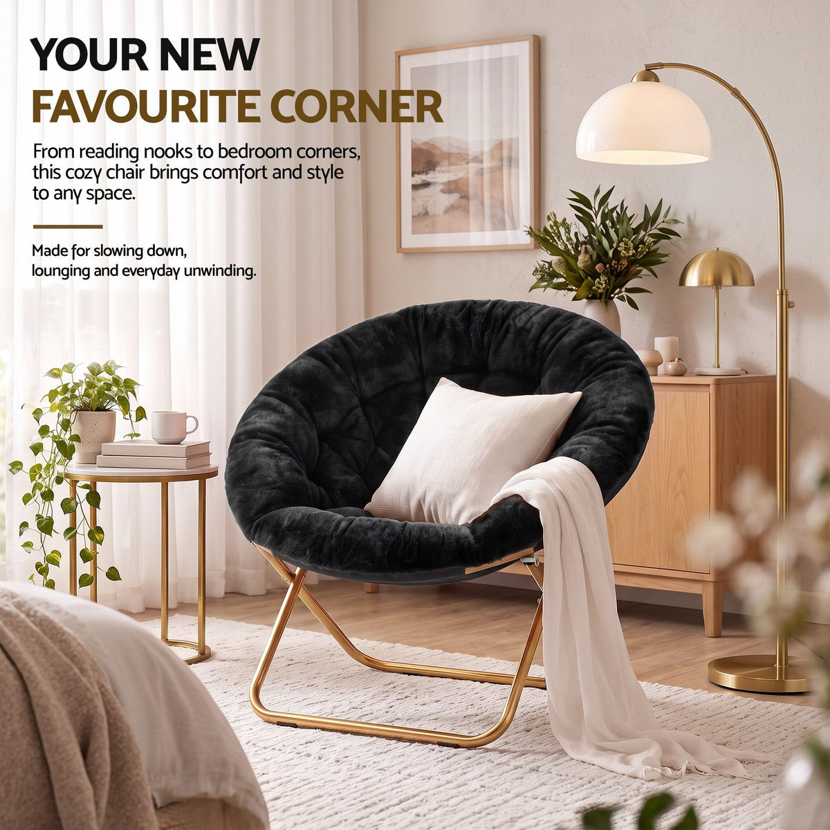 Artiss Cozy Saucer Chair Soft Faux Fur Folding Accent Chair for Bedroom Black Artiss