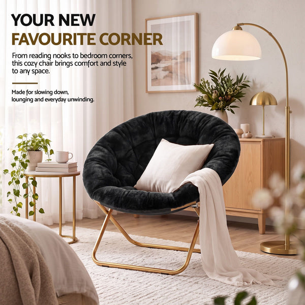Artiss Cozy Saucer Chair Soft Faux Fur Folding Accent Chair for Bedroom Black Artiss