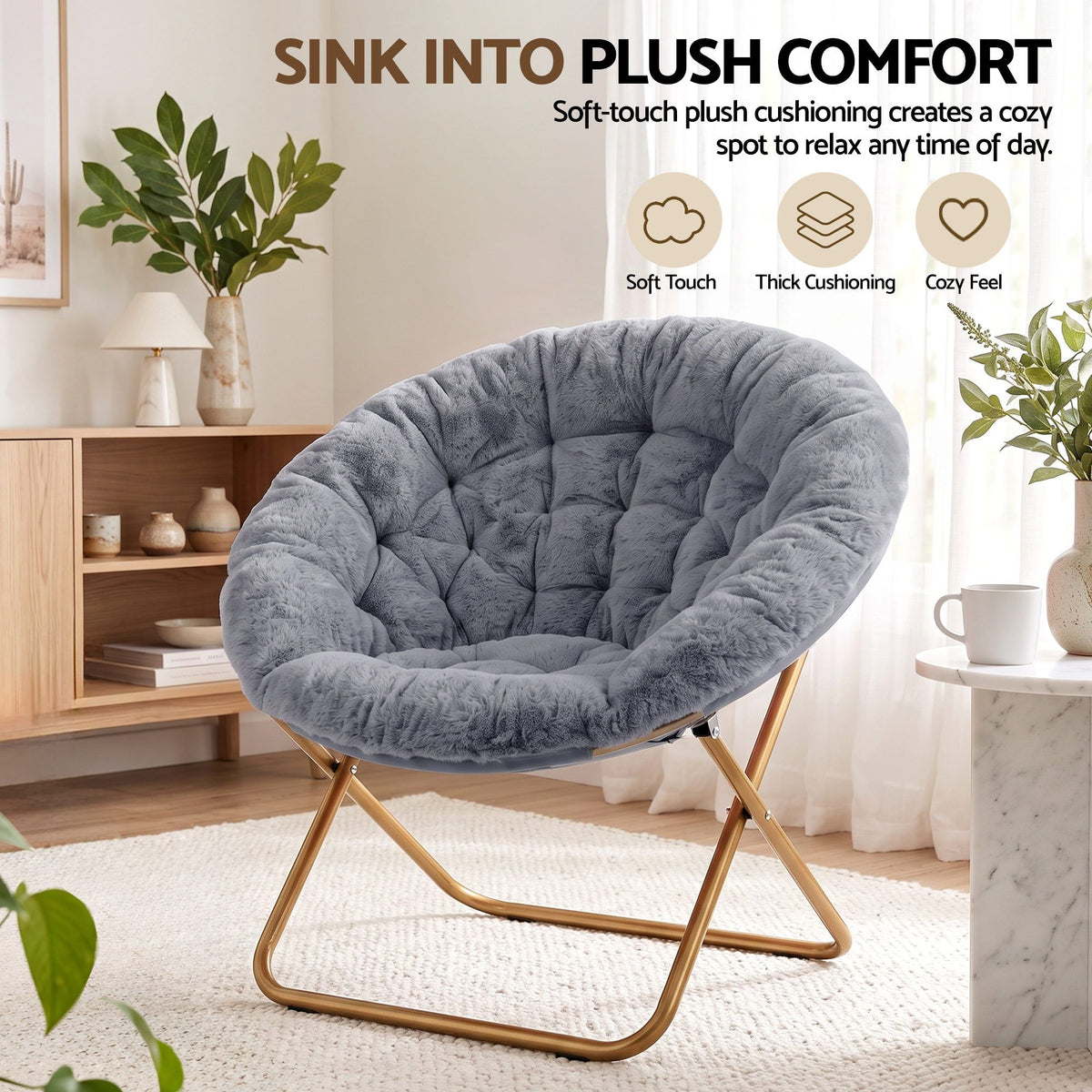 Artiss Cozy Saucer Chair Soft Faux Fur Folding Accent Chair for Bedroom Grey Artiss