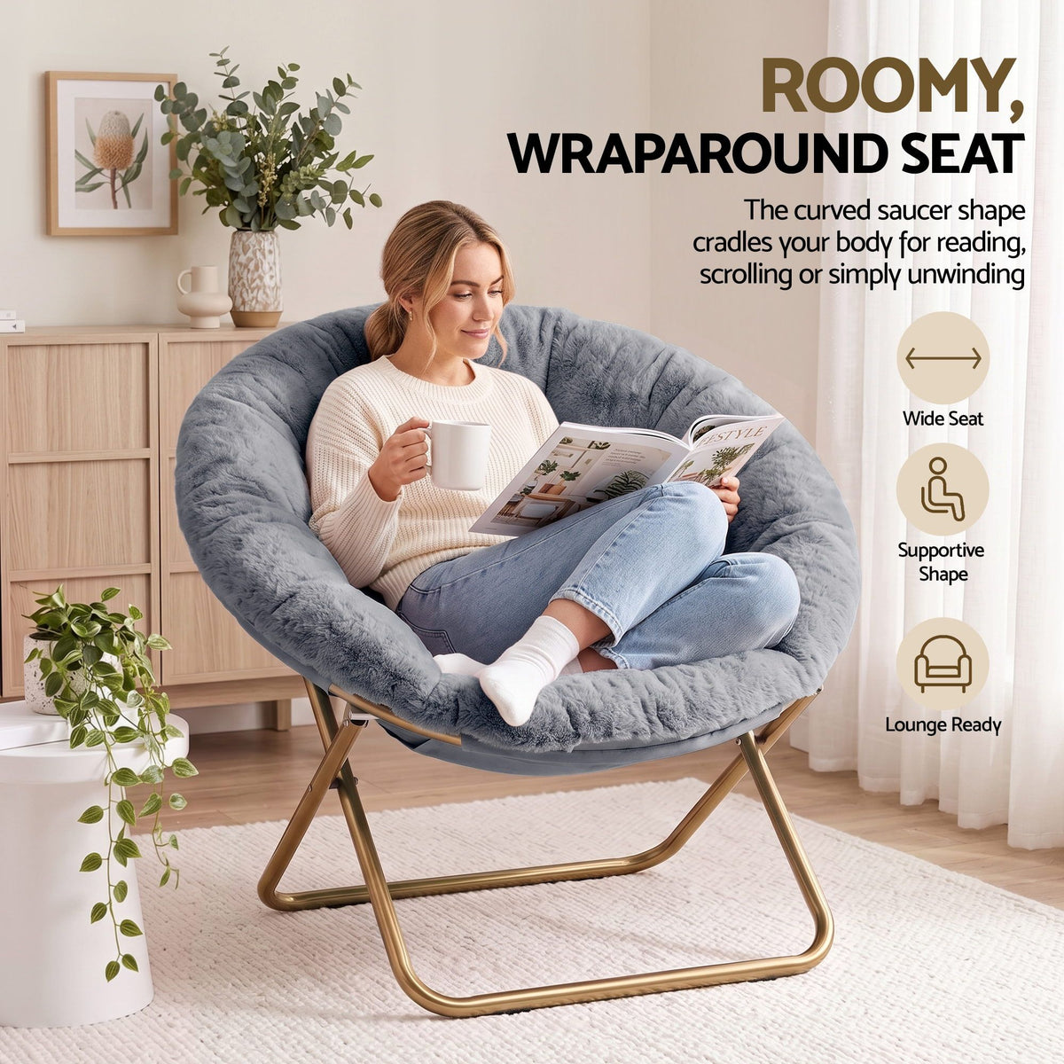Artiss Cozy Saucer Chair Soft Faux Fur Folding Accent Chair for Bedroom Grey Artiss