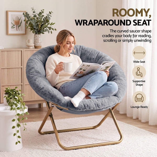 Artiss Cozy Saucer Chair Soft Faux Fur Folding Accent Chair for Bedroom Grey Artiss