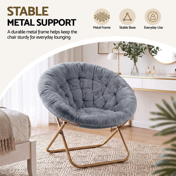 Artiss Cozy Saucer Chair Soft Faux Fur Folding Accent Chair for Bedroom Grey Artiss