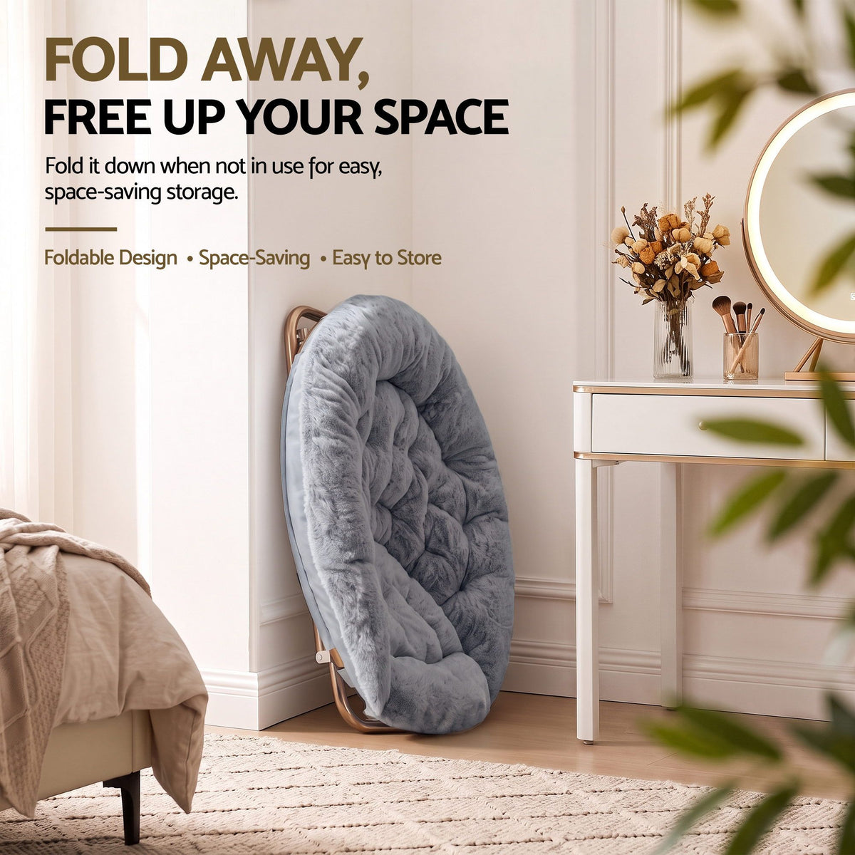Artiss Cozy Saucer Chair Soft Faux Fur Folding Accent Chair for Bedroom Grey Artiss