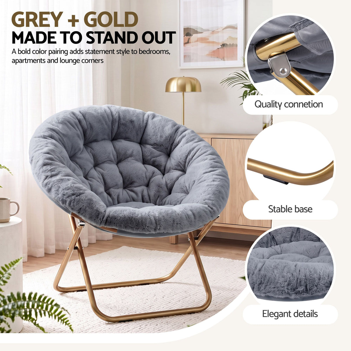 Artiss Cozy Saucer Chair Soft Faux Fur Folding Accent Chair for Bedroom Grey Artiss