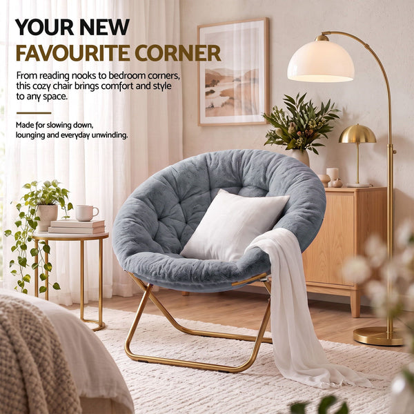 Artiss Cozy Saucer Chair Soft Faux Fur Folding Accent Chair for Bedroom Grey Artiss