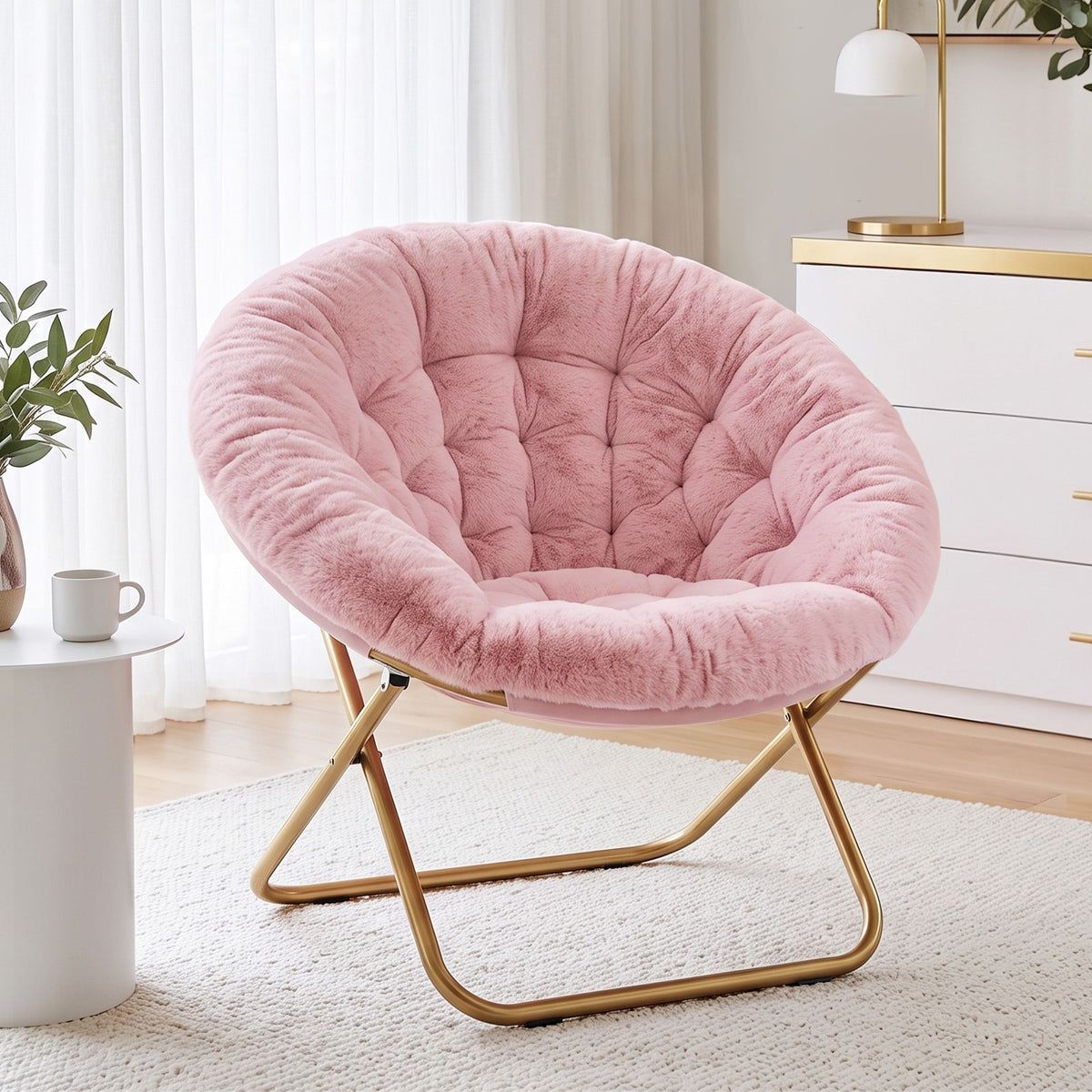 Artiss Cozy Saucer Chair Soft Faux Fur Folding Accent Chair for Bedroom Pink Artiss