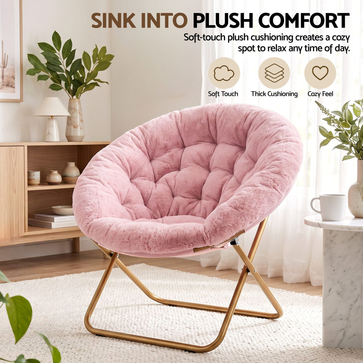Artiss Cozy Saucer Chair Soft Faux Fur Folding Accent Chair for Bedroom Pink Artiss