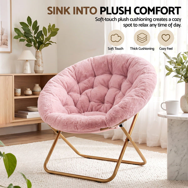Artiss Cozy Saucer Chair Soft Faux Fur Folding Accent Chair for Bedroom Pink Artiss
