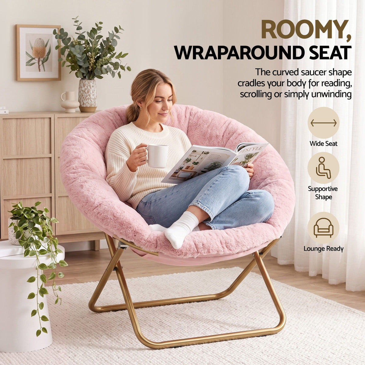 Artiss Cozy Saucer Chair Soft Faux Fur Folding Accent Chair for Bedroom Pink Artiss