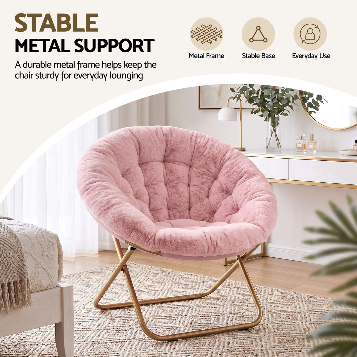 Artiss Cozy Saucer Chair Soft Faux Fur Folding Accent Chair for Bedroom Pink Artiss