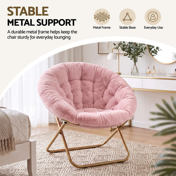 Artiss Cozy Saucer Chair Soft Faux Fur Folding Accent Chair for Bedroom Pink Artiss