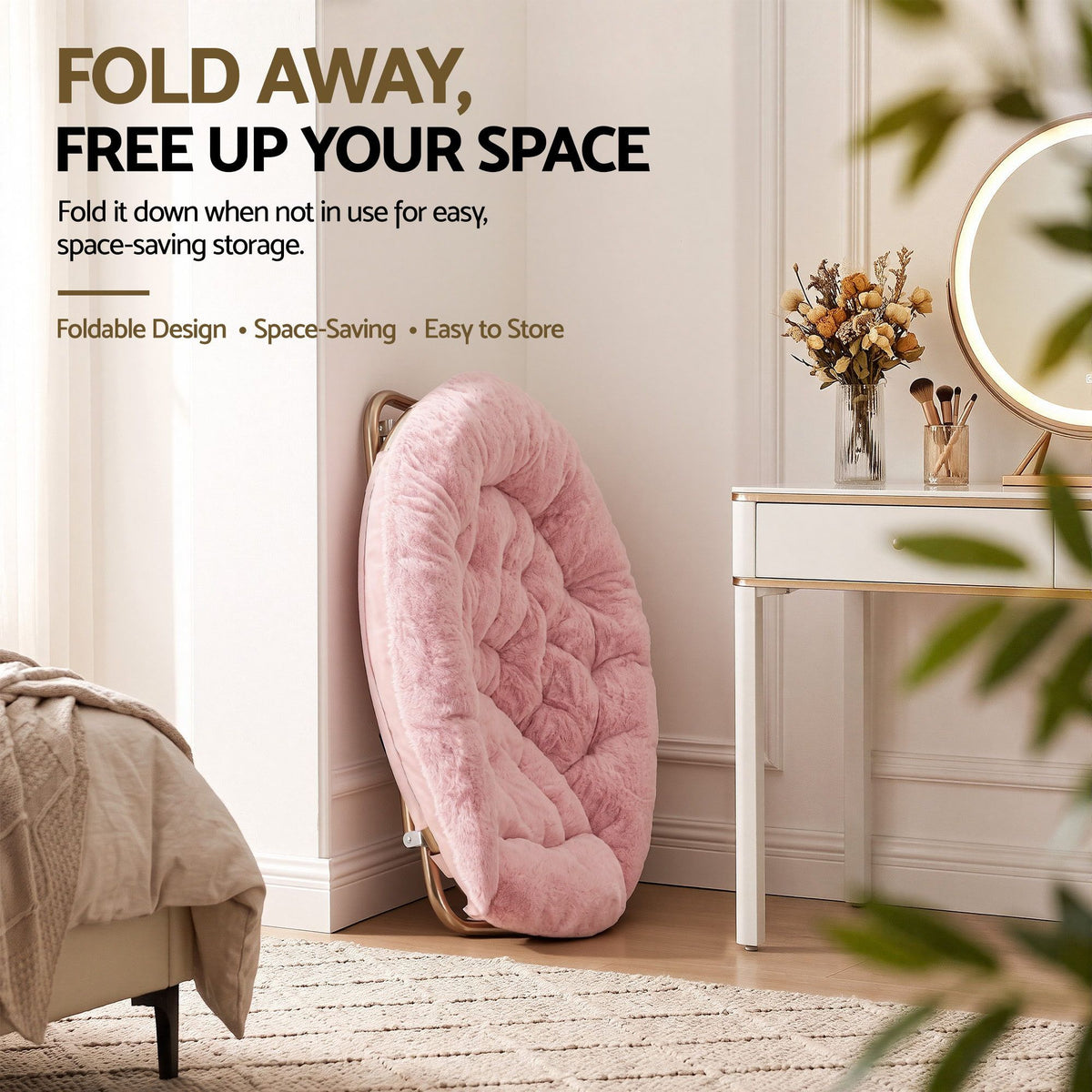 Artiss Cozy Saucer Chair Soft Faux Fur Folding Accent Chair for Bedroom Pink Artiss
