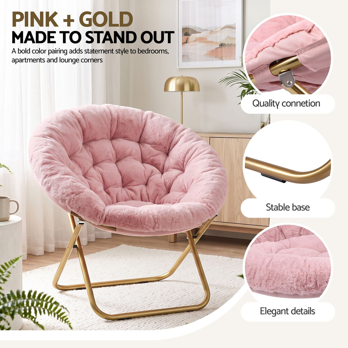 Artiss Cozy Saucer Chair Soft Faux Fur Folding Accent Chair for Bedroom Pink Artiss