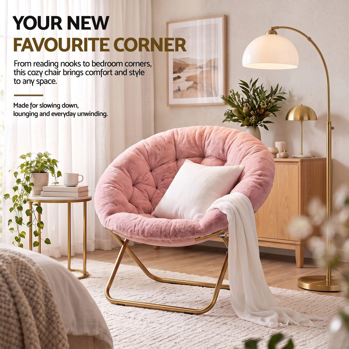 Artiss Cozy Saucer Chair Soft Faux Fur Folding Accent Chair for Bedroom Pink Artiss