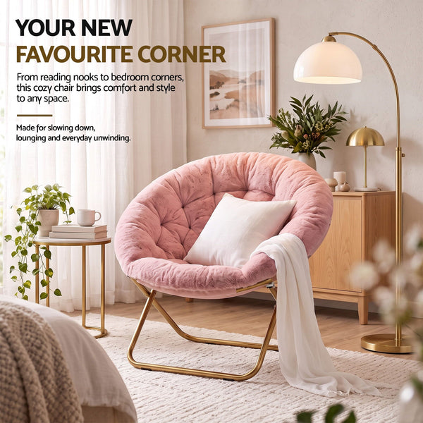 Artiss Cozy Saucer Chair Soft Faux Fur Folding Accent Chair for Bedroom Pink Artiss