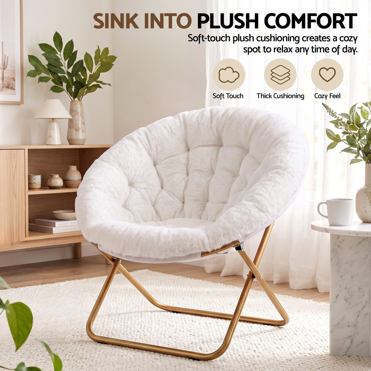 Artiss Cozy Saucer Chair Soft Faux Fur Folding Accent Chair for Bedroom White Artiss