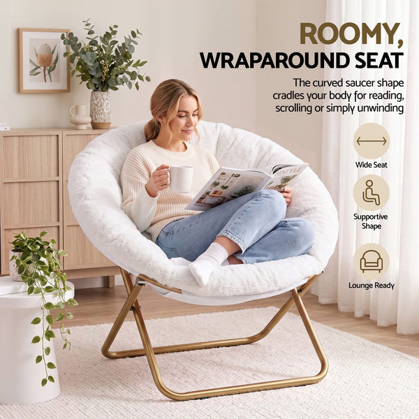 Artiss Cozy Saucer Chair Soft Faux Fur Folding Accent Chair for Bedroom White Artiss