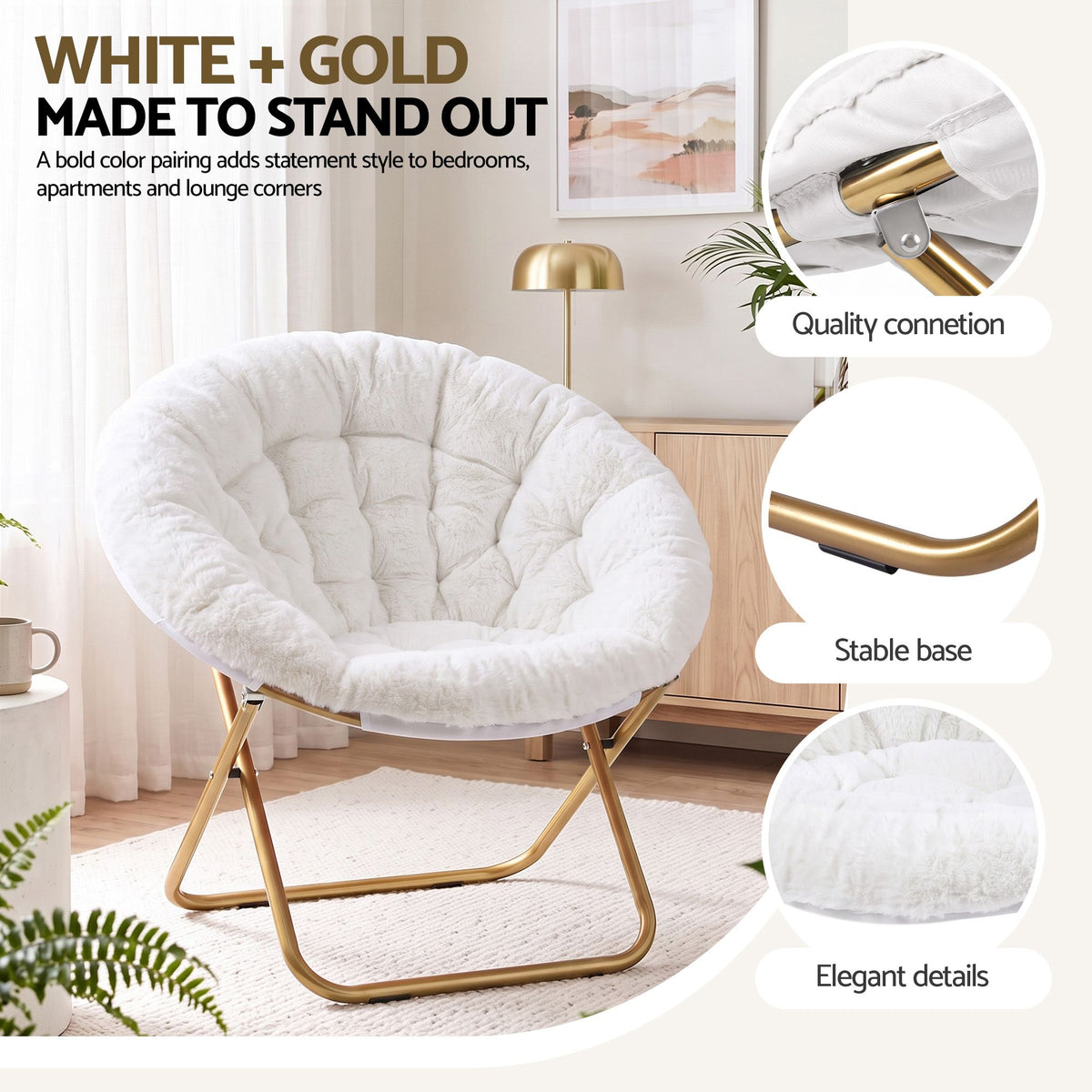 Artiss Cozy Saucer Chair Soft Faux Fur Folding Accent Chair for Bedroom White Artiss