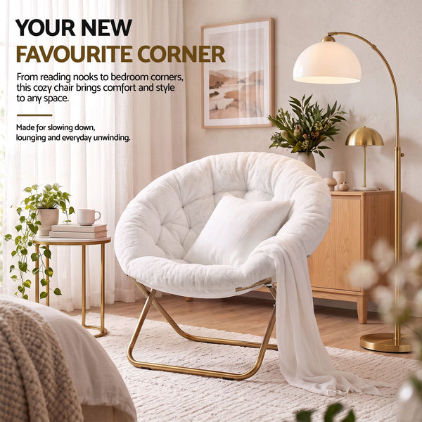 Artiss Cozy Saucer Chair Soft Faux Fur Folding Accent Chair for Bedroom White Artiss